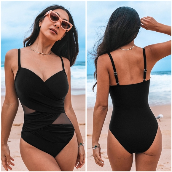 Cupshe Other - NWT Cupshe Black Mesh Bandage V Ruched Cut Out One Piece Swimsuit Bathing Suit M